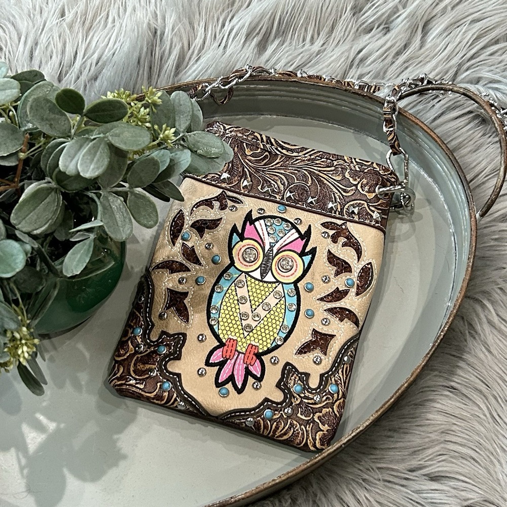 Cowgirl Trendy Owl Designed Western Tooled Vegan Leather Crossbody Shoulder‎ Bag